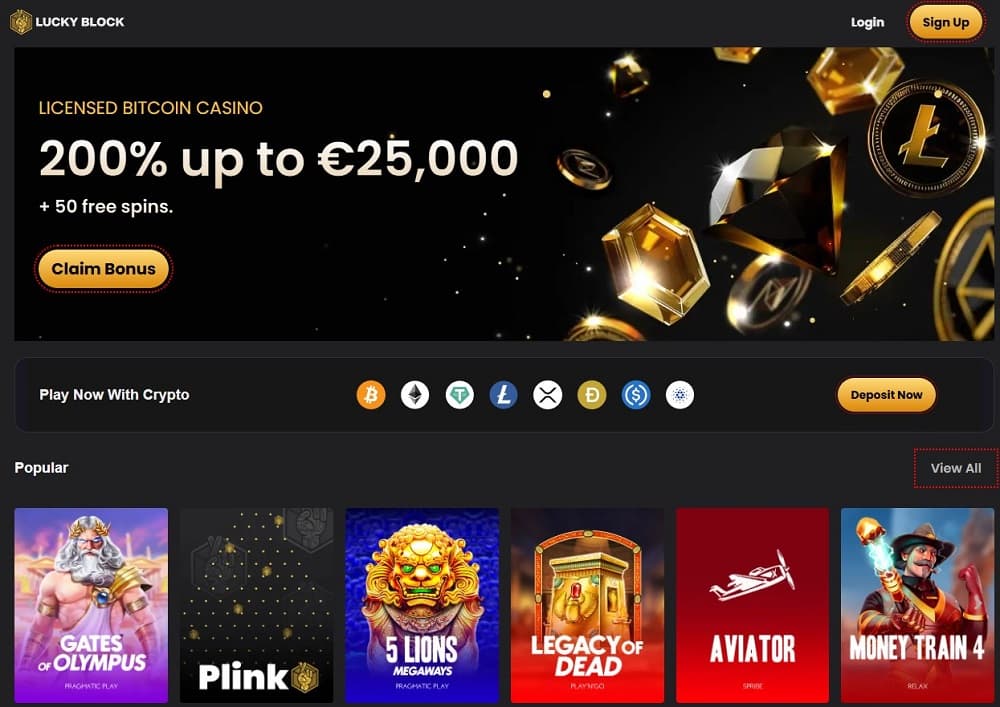 Lucky Block casino homepage on Canada online casinos site showcasing no-KYC sign-up and live games
